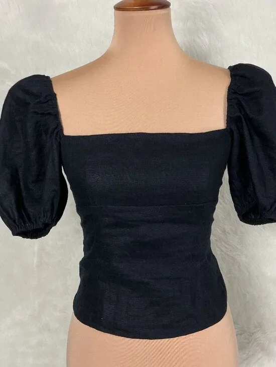 Reformation Arancini Black Linen Puff Sleeve Smocked Back Top 4 - Picture 1 of 7